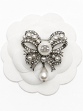 CHANEL PEARL CC CRYSTAL BOW BROOCH SILVER TONE