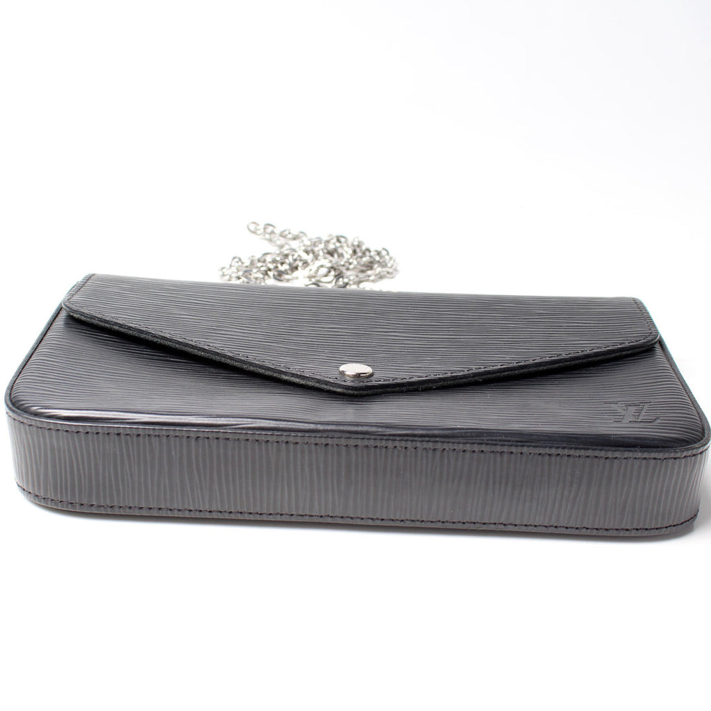 Louis Vuitton Pochette Félicie in black, black interior. 
EPI leather with a silver-tone chain strap