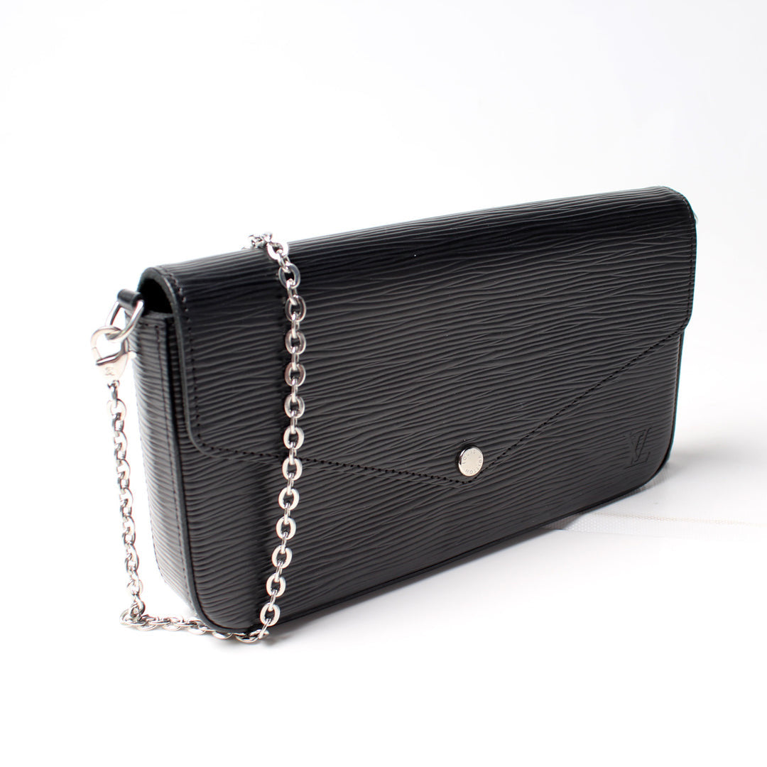 Louis Vuitton Pochette Félicie in black, black interior. 
EPI leather with a silver-tone chain strap