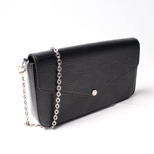Louis Vuitton Pochette Félicie in black, black interior. 
EPI leather with a silver-tone chain strap
