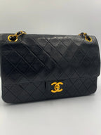 CHANEL MATELASSE TURN LOCK DOUBLE FLAP BLK ON BLCK GOLD HARDWARE
