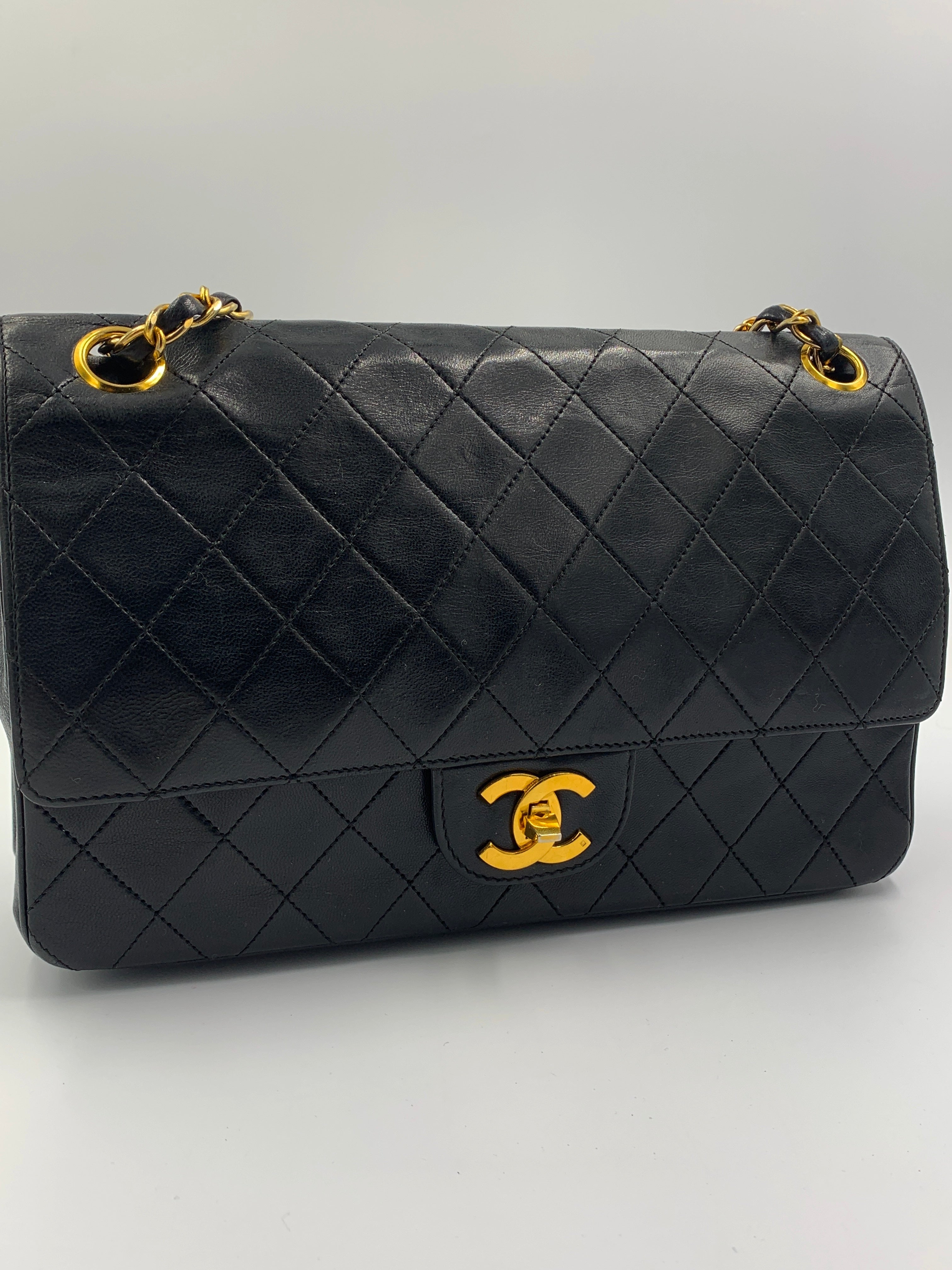 CHANEL MATELASSE TURN LOCK DOUBLE FLAP BLK ON BLCK GOLD HARDWARE
