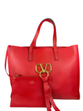AUTHENTIC VALENTINO Red Calfskin Leather Vring Large Tote Bag