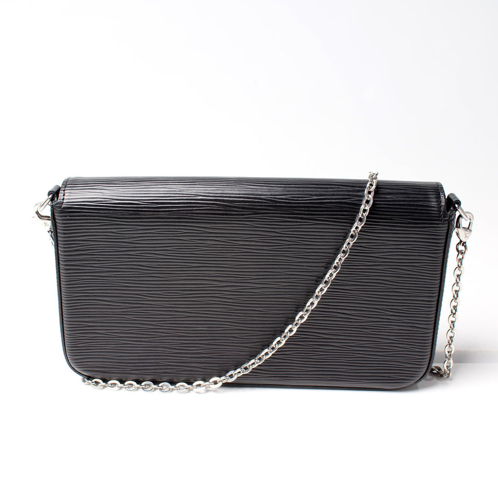 Louis Vuitton Pochette Félicie in black, black interior. 
EPI leather with a silver-tone chain strap