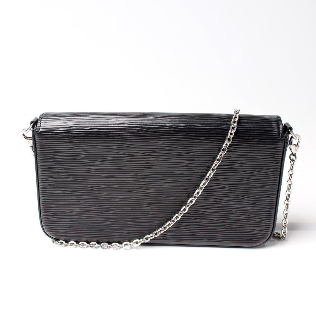 Louis Vuitton Pochette Félicie in black, black interior. 
EPI leather with a silver-tone chain strap
