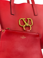 AUTHENTIC VALENTINO Red Calfskin Leather Vring Large Tote Bag