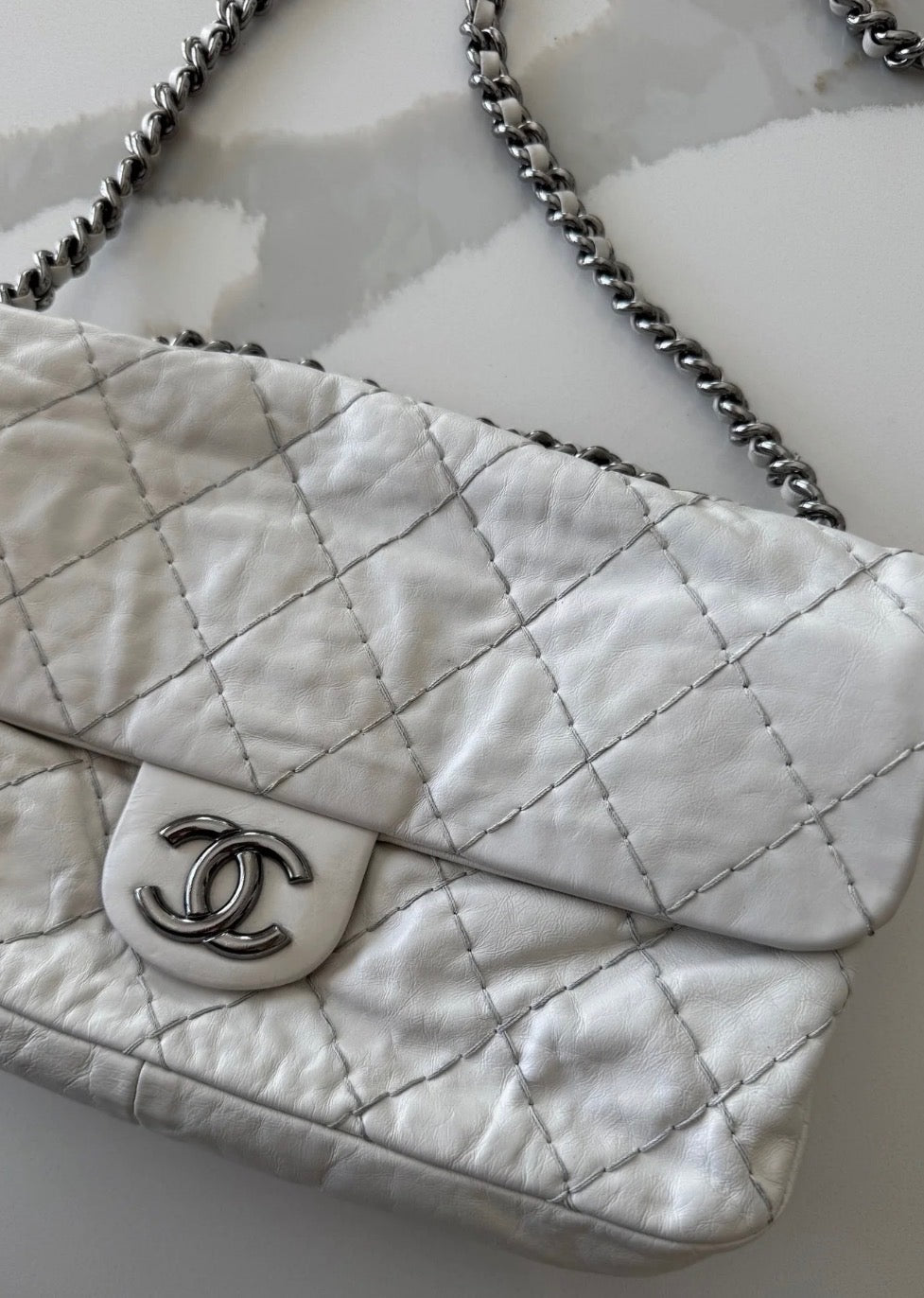 Chanel by Karl Lagerfeld Quilted Flap Double Stitch in white