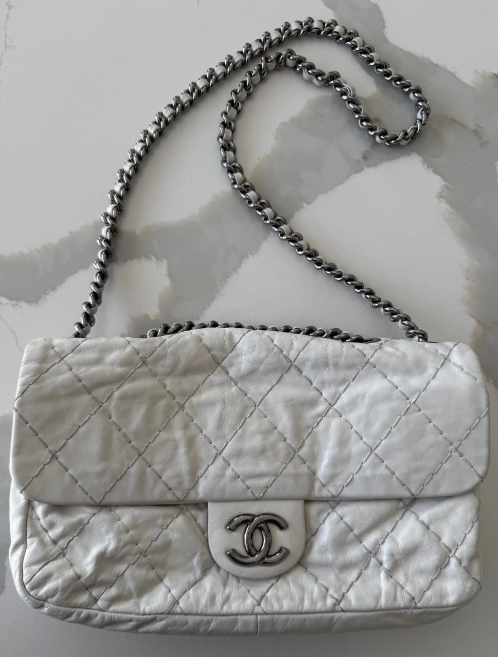 Chanel by Karl Lagerfeld Quilted Flap Double Stitch in white